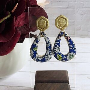 Floral Blue and Gold Teardrop Earrings